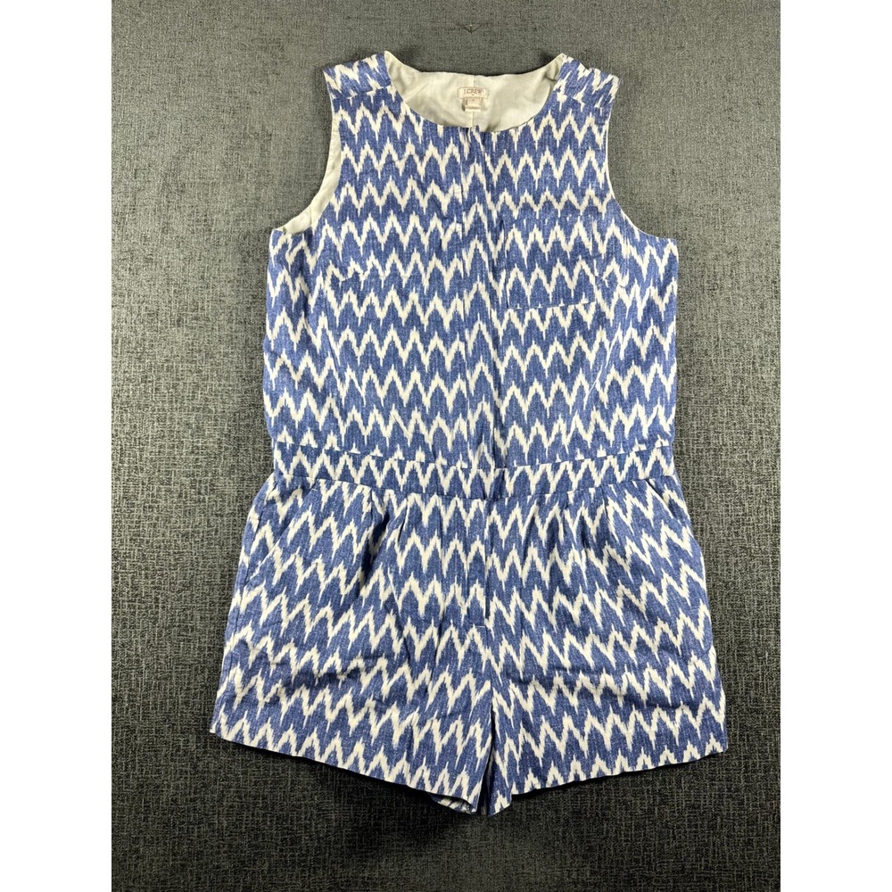 J.Crew Womens Blue White Ikat Chevron Sleeveless Romper Size 12 Linen Blend